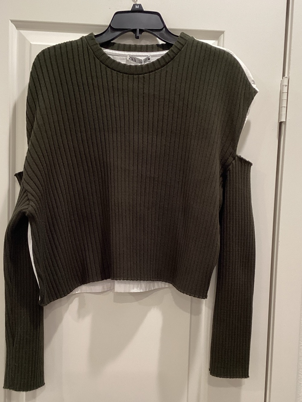 ZARA Olive Ribbed Cutout Crewneck Sweater
